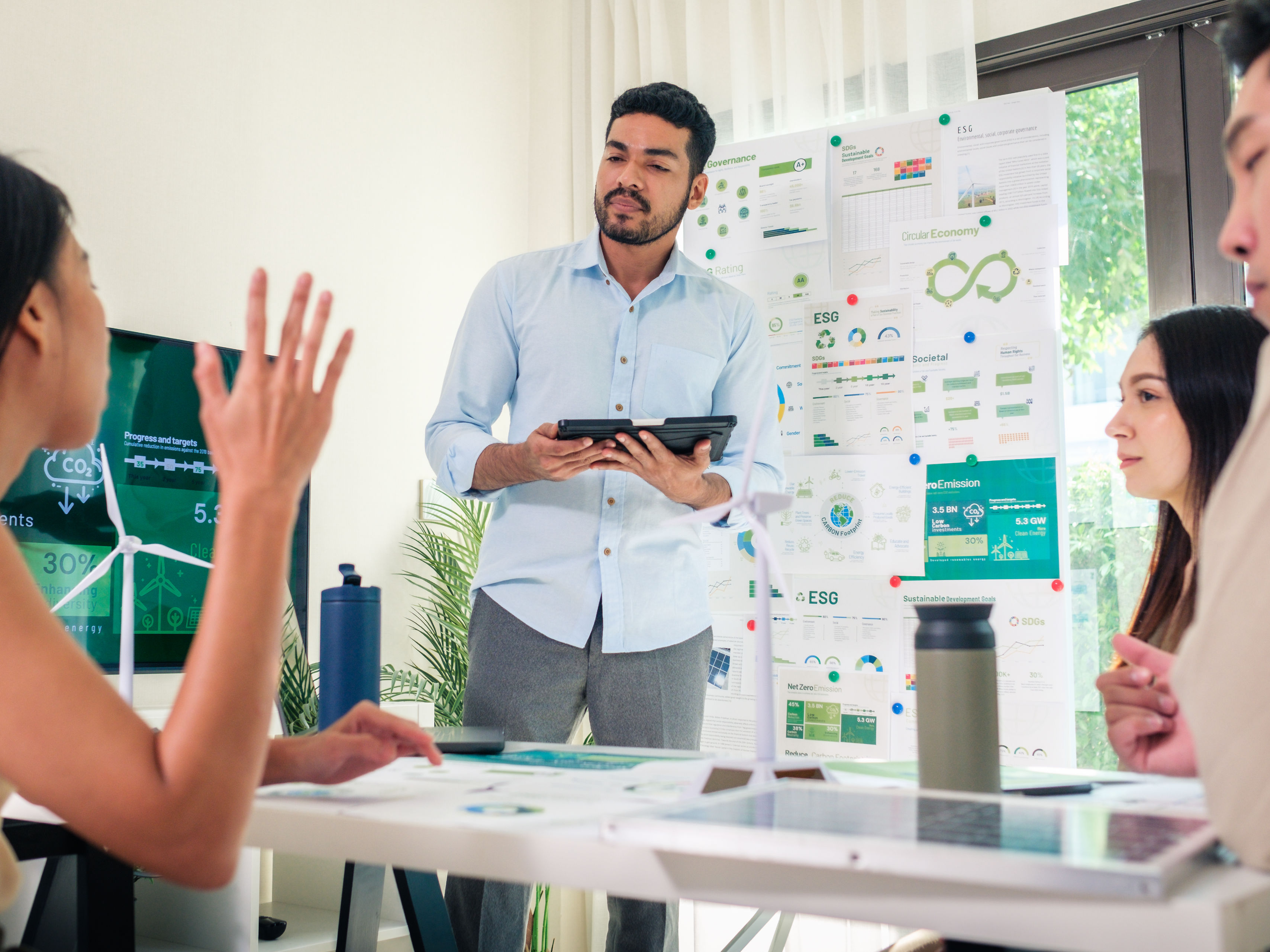 Diversity team brainstorming in ESG (environment,socail,governance) sustainability business goals