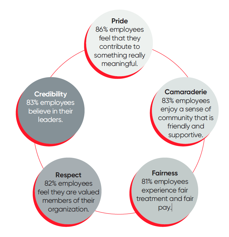 Employee sentiment across the 5 pillar of the Trust Index model for both Large and SME.