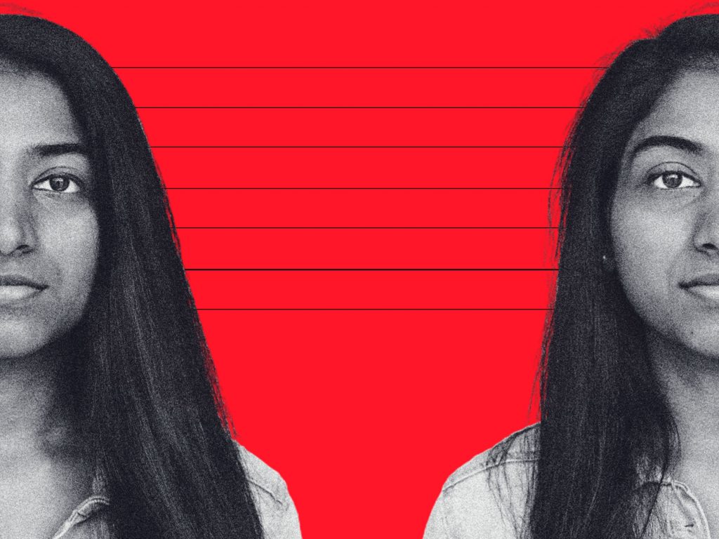 A woman with psychological and emotional sides edited image with black line and red background