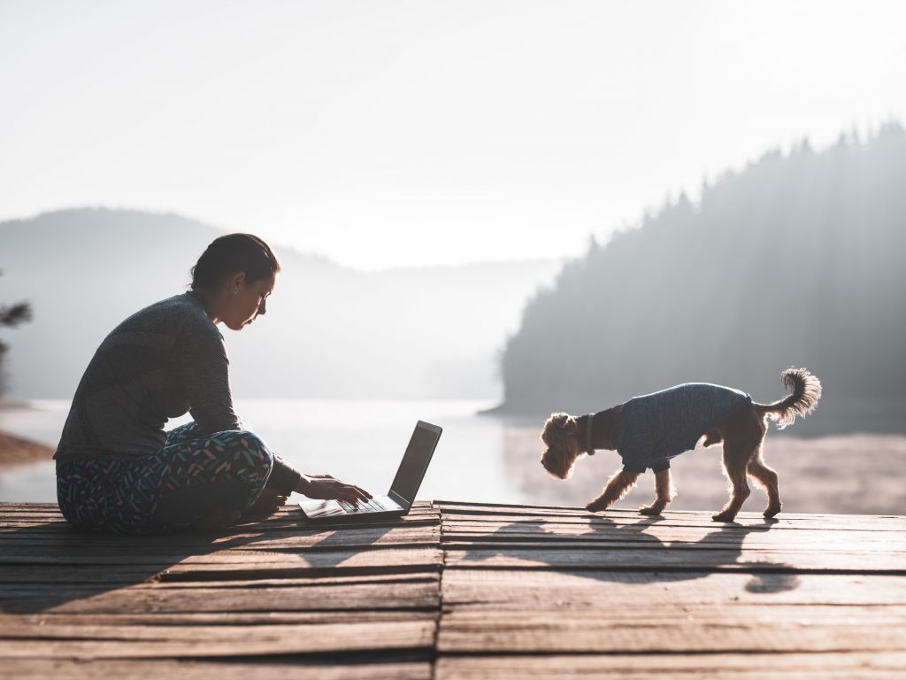 The lady is working near the river with her pet and laptop.